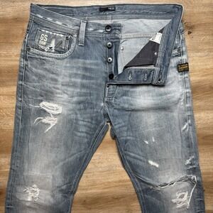 G Star RAW Jeans Men 34x36 Blue 3301 Attacc Straight Leg Destroyed Streetwear